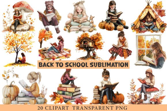 Back to School Autumn Clipart Girl Read Graphics