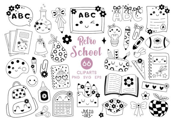 Groovy School Clipart Back to School PNG Graphics