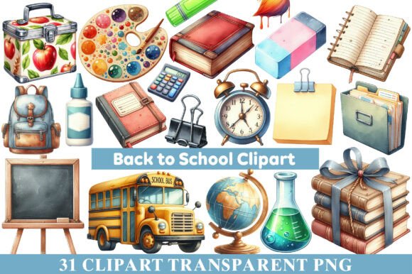 Watercolor Back to School Clipart: Graphics & Illustrations